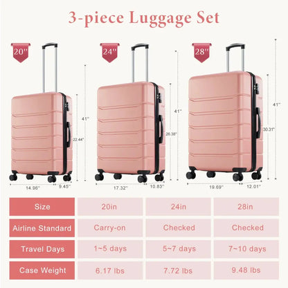 Hard Sided Expand Suitcase with Rotating Wheels TSA Lock Retractable Handle Pink 24" TravelTimesAwait