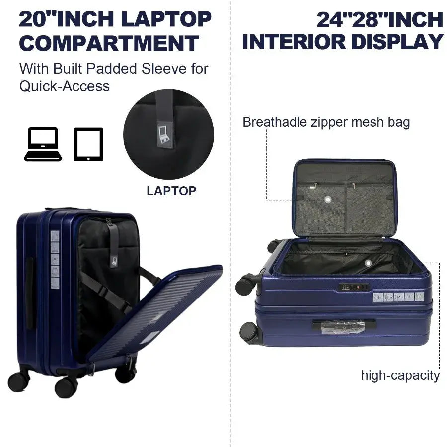 Luggage with front opening TSA approved lock hardshell suitcase Blue TravelTimesAwait