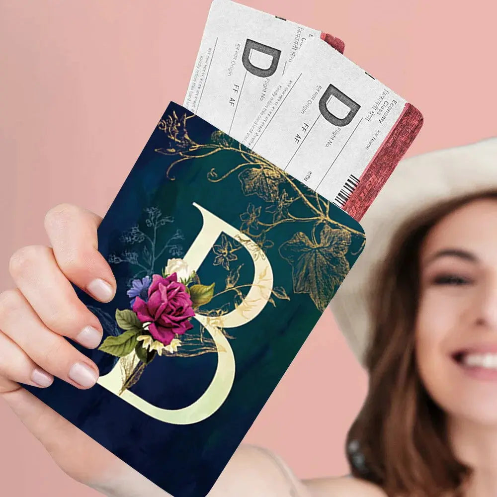 Passport Holder Travel Wallet Leather Passport Cover Cards Travel Wallet Document Organizer Case Flower Letter Name Pattern TravelTimesAwait