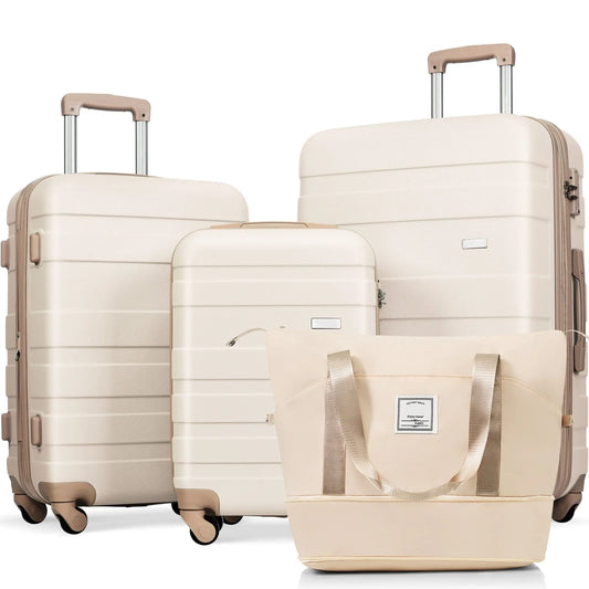 Luggage Sets 4 Piece,  ABS Durable Suitcase with Travel Bag, Carry On Sangria Beech