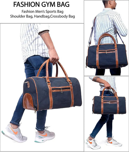 Canvas Genuine Leather Large Duffel Bag Overnight Weekender Bag Salmon Alder
