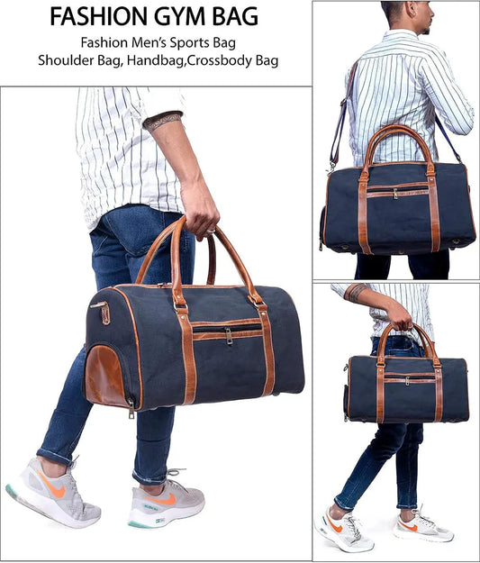 Canvas Genuine Leather Large Duffel Bag Overnight Weekender Bag Salmon Alder