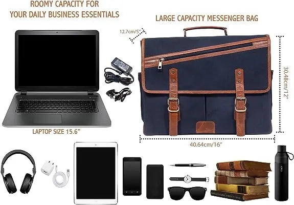 16 Inch Canvas Leather  Briefcase Computer Laptop Book Large Satchel Salmon Alder