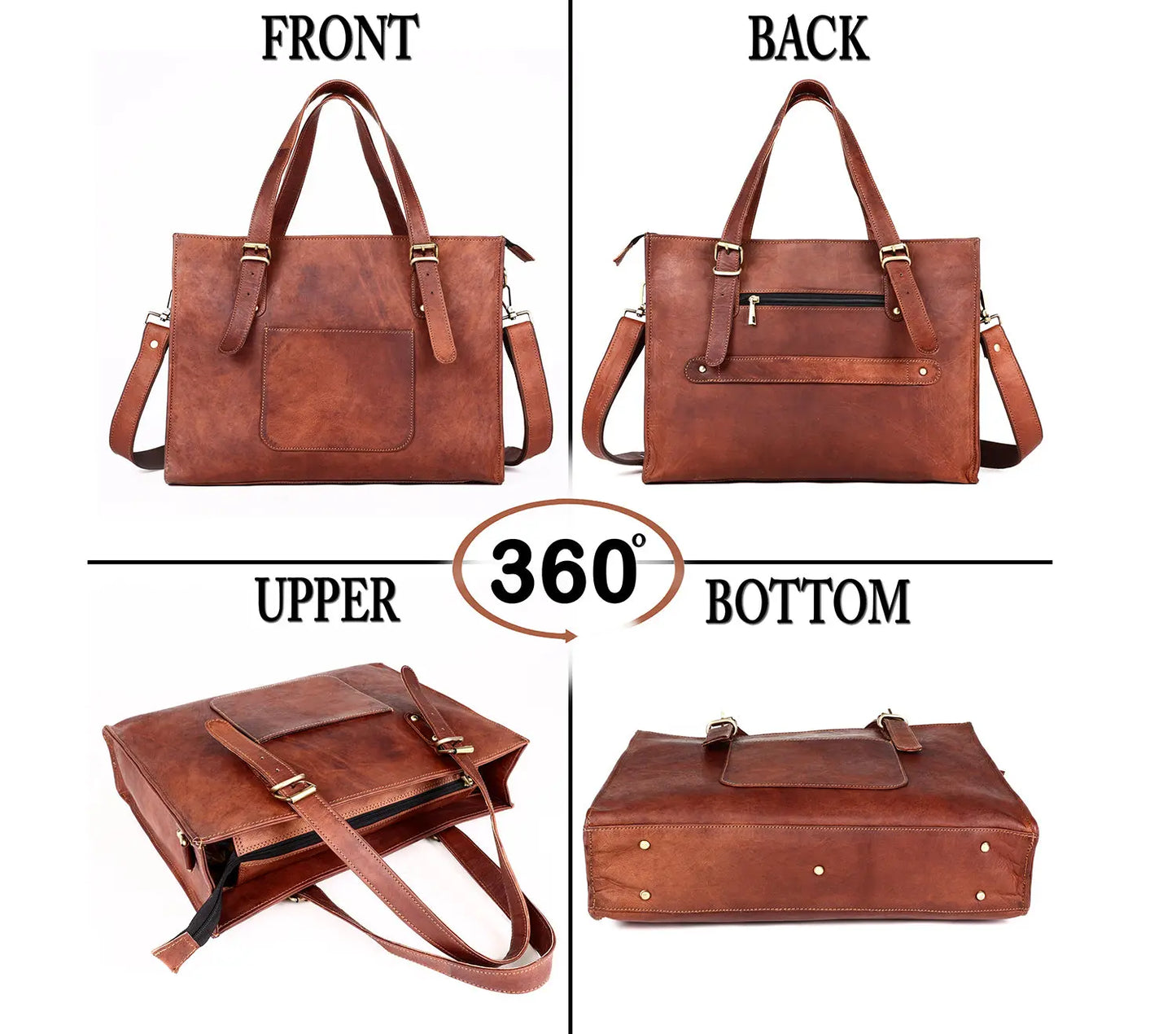 Leather Woman Laptop Handbag Large Tote Bag with Zipper Salmon Alder