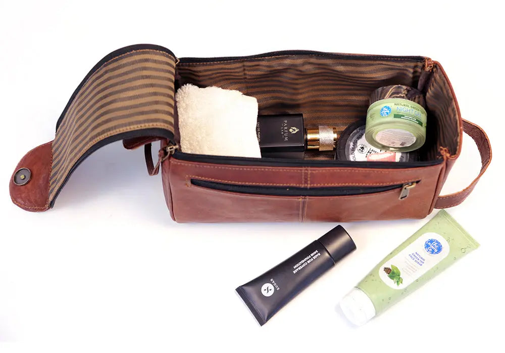 Leather Unisex Toiletry Bag Travel Dopp Kit Cosmetic Organizer Salmon Alder