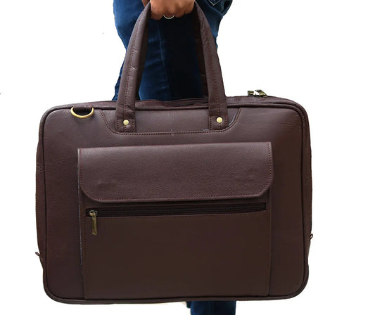 ANUENT 16 Inch Handmade Brown Leather Laptop Briefcase. Salmon Alder