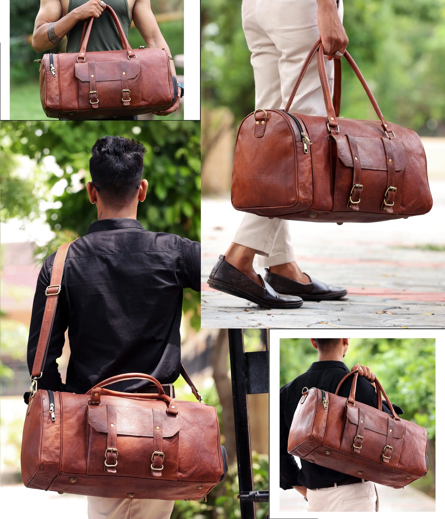 Handmade Genuine Leather Travel Duffel Bag with Shoe Compartment Salmon Alder