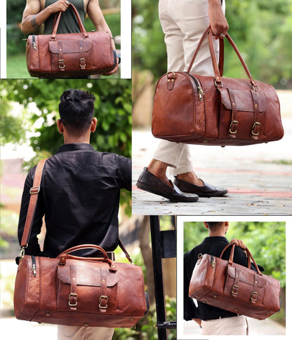 Handmade Genuine Leather Travel Duffel Bag with Shoe Compartment Salmon Alder