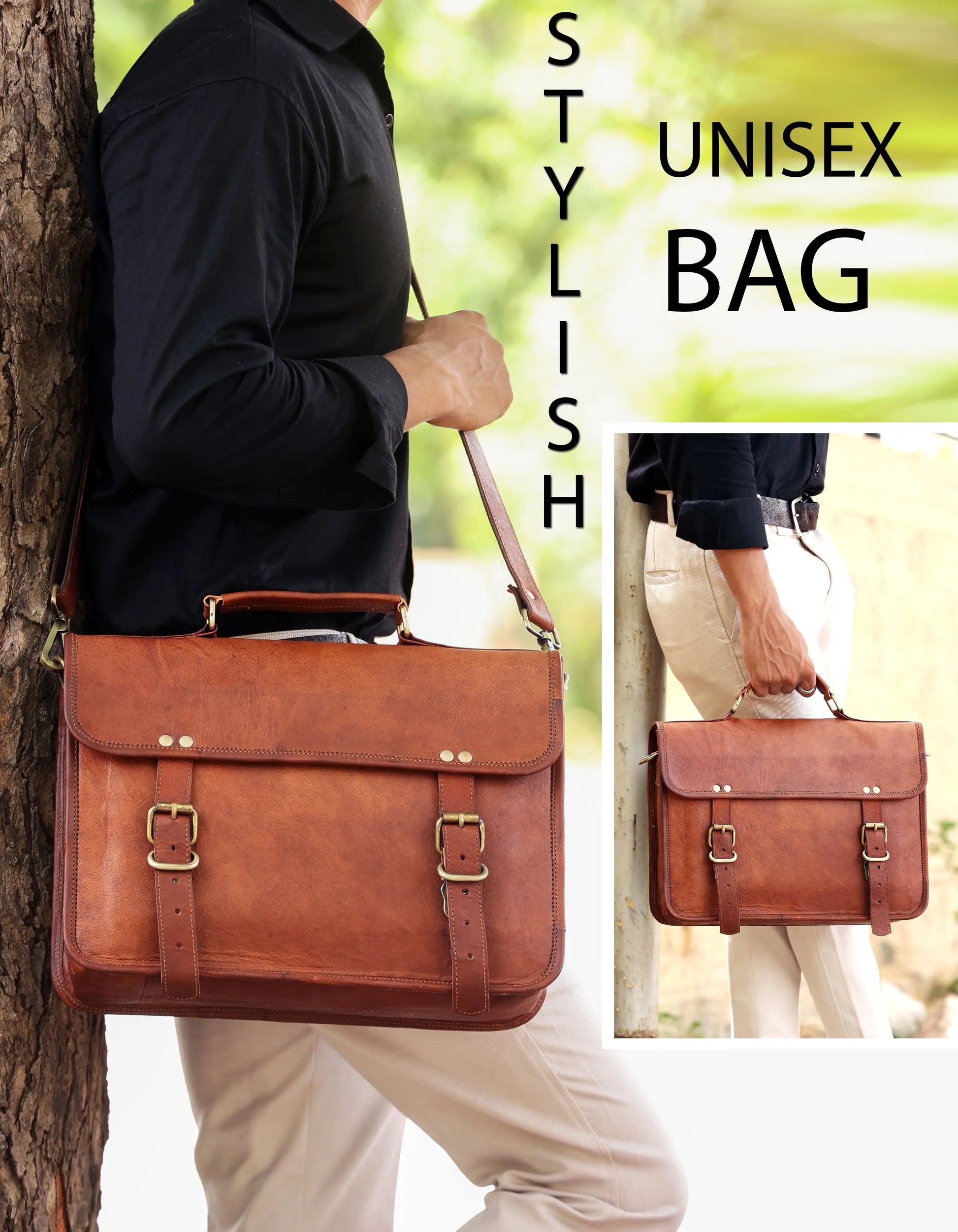 14 Inch Genuine Leather Messenger Bag Vintage Brown Small Briefcase Salmon Alder
