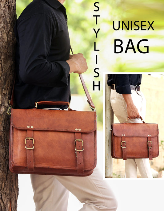 14 Inch Genuine Leather Messenger Bag Vintage Brown Small Briefcase Salmon Alder