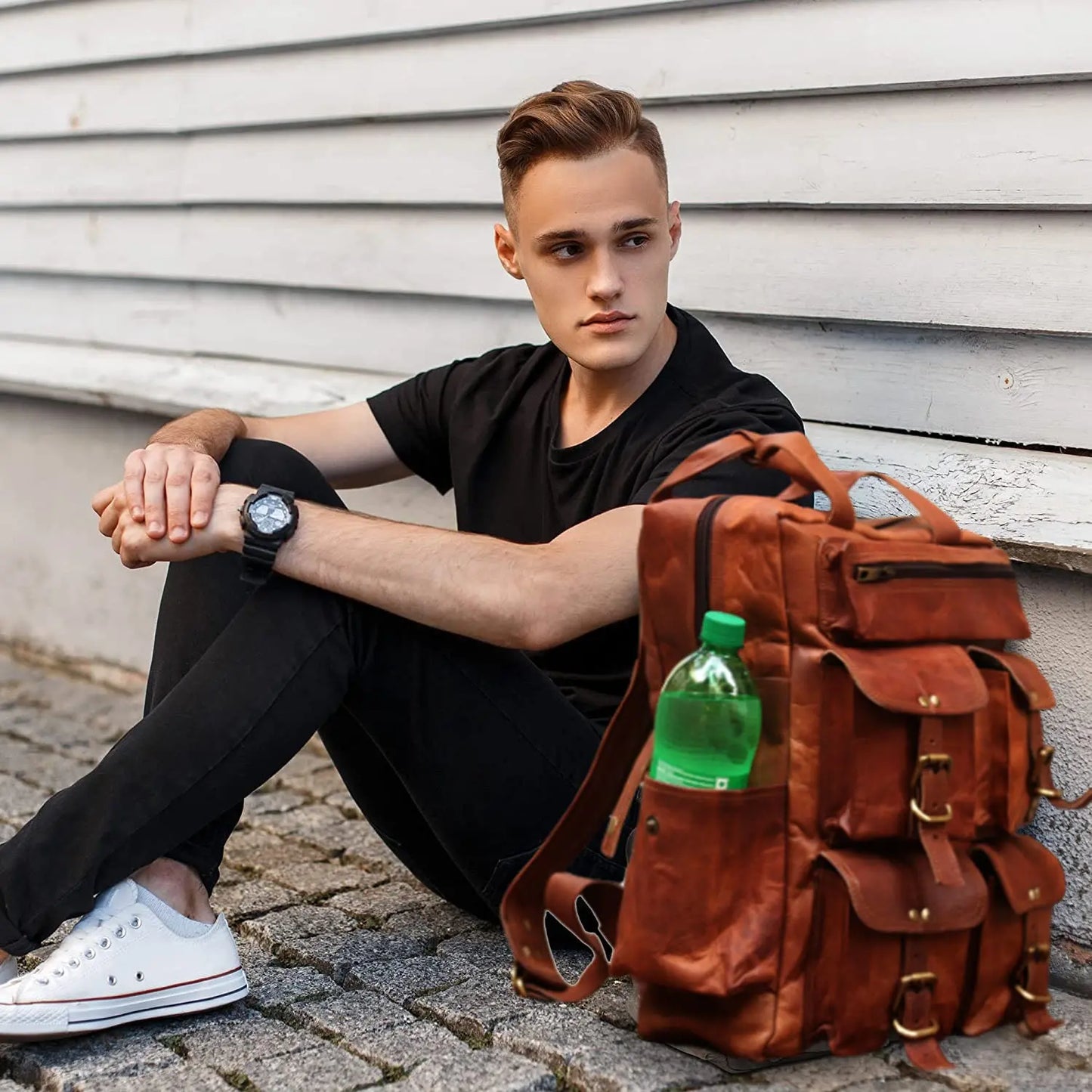 Leather Backpack for Men 15.6 Inch Laptop Bag Multi Pockets Rucksack Salmon Alder