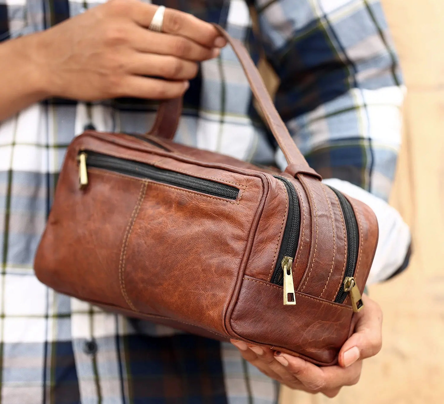 Leather Unisex Toiletry Bag Travel Dopp Kit Cosmetic Organizer Salmon Alder