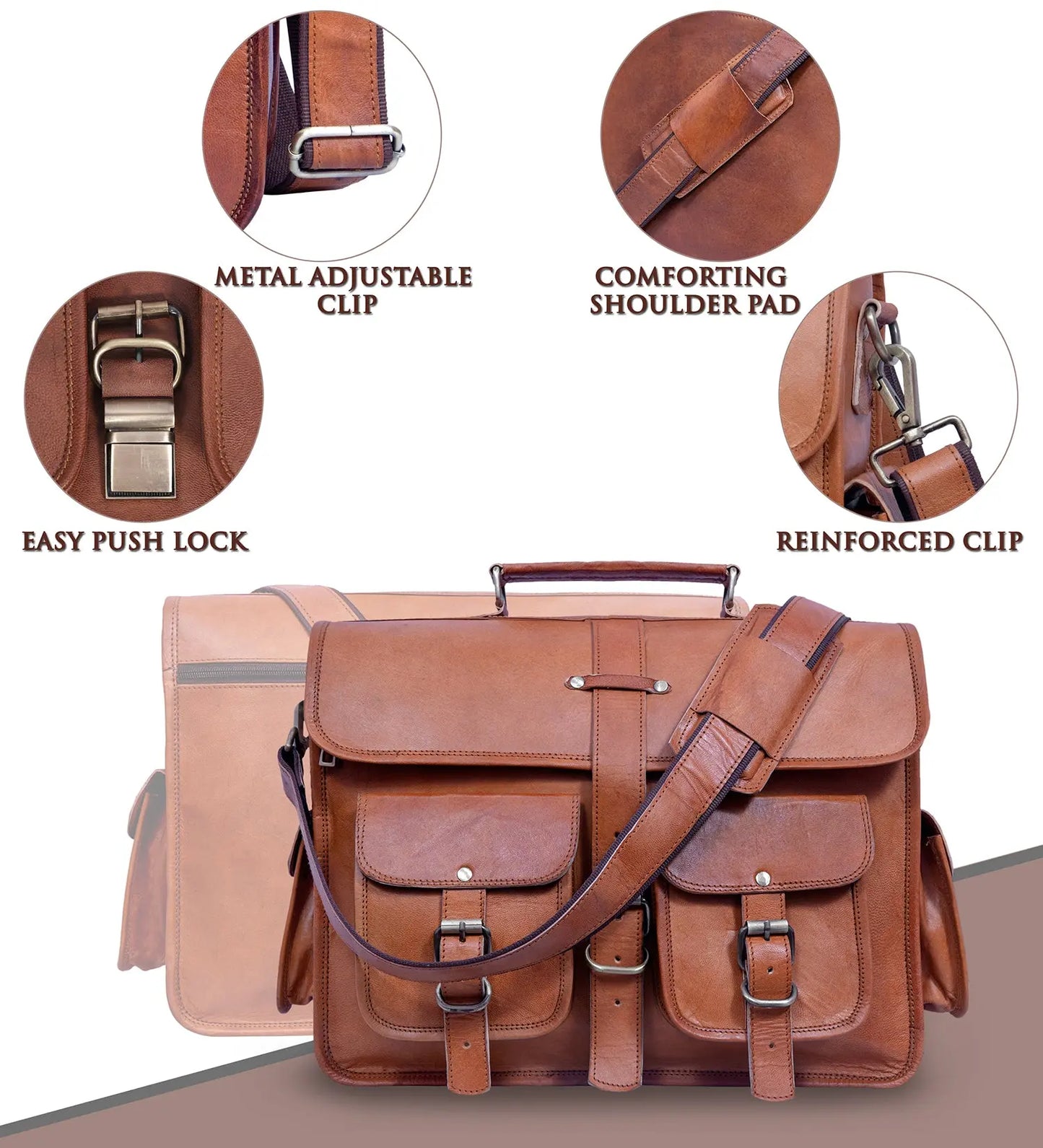 Real Leather Messenger Bag for Men and Women Vintage Laptop Briefcase Salmon Alder