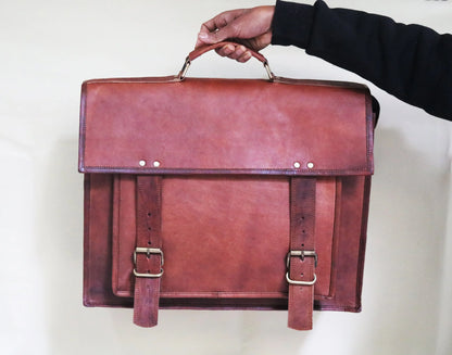 Handmade 18″ Brown Leather Cross body Bag With Big Pocket. Salmon Alder