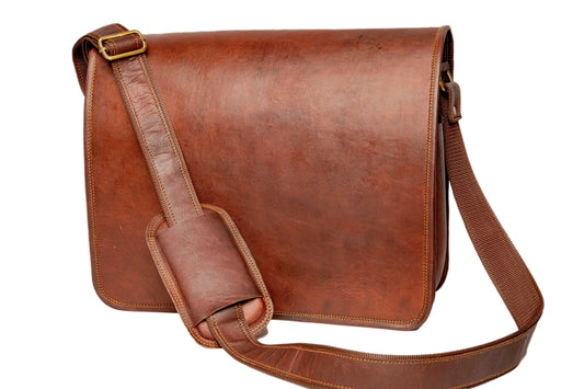 Handmade Brown Leather Crossbody Bag With Full Flap. Salmon Alder