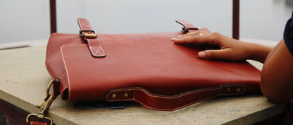Handmade Orange Handle  Leather Laptop Bag. Salmon Alder