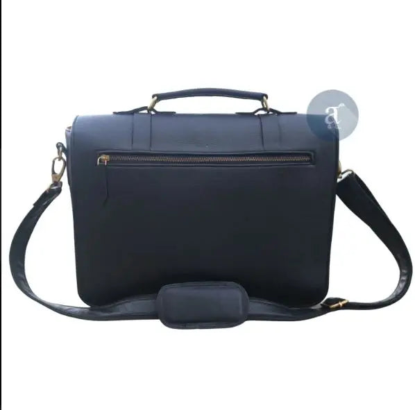 Mens Black Leather Messenger Bag for 15.6 Inch Laptop. Salmon Alder