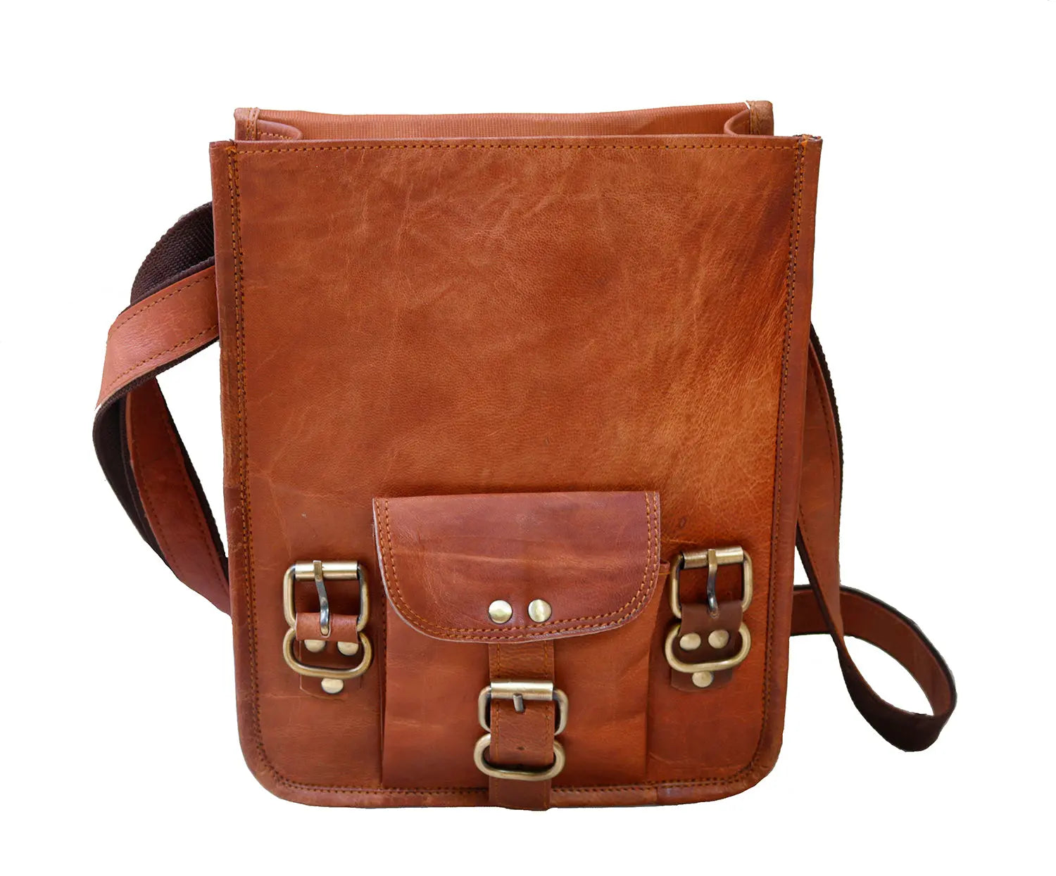 Leather 11 Inch Sturdy Leather satchel I-pad Messenger Bag for Unisex Salmon Alder