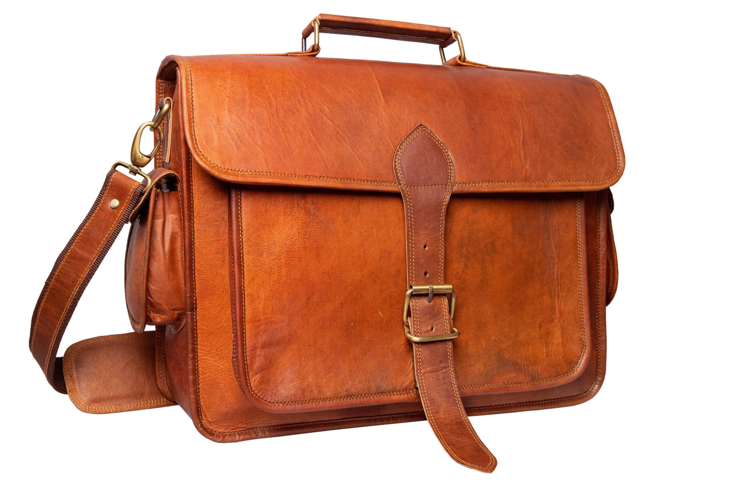 Handmade 16"-18" Brown Leather Crossbody Bag With Large Pocket. Salmon Alder