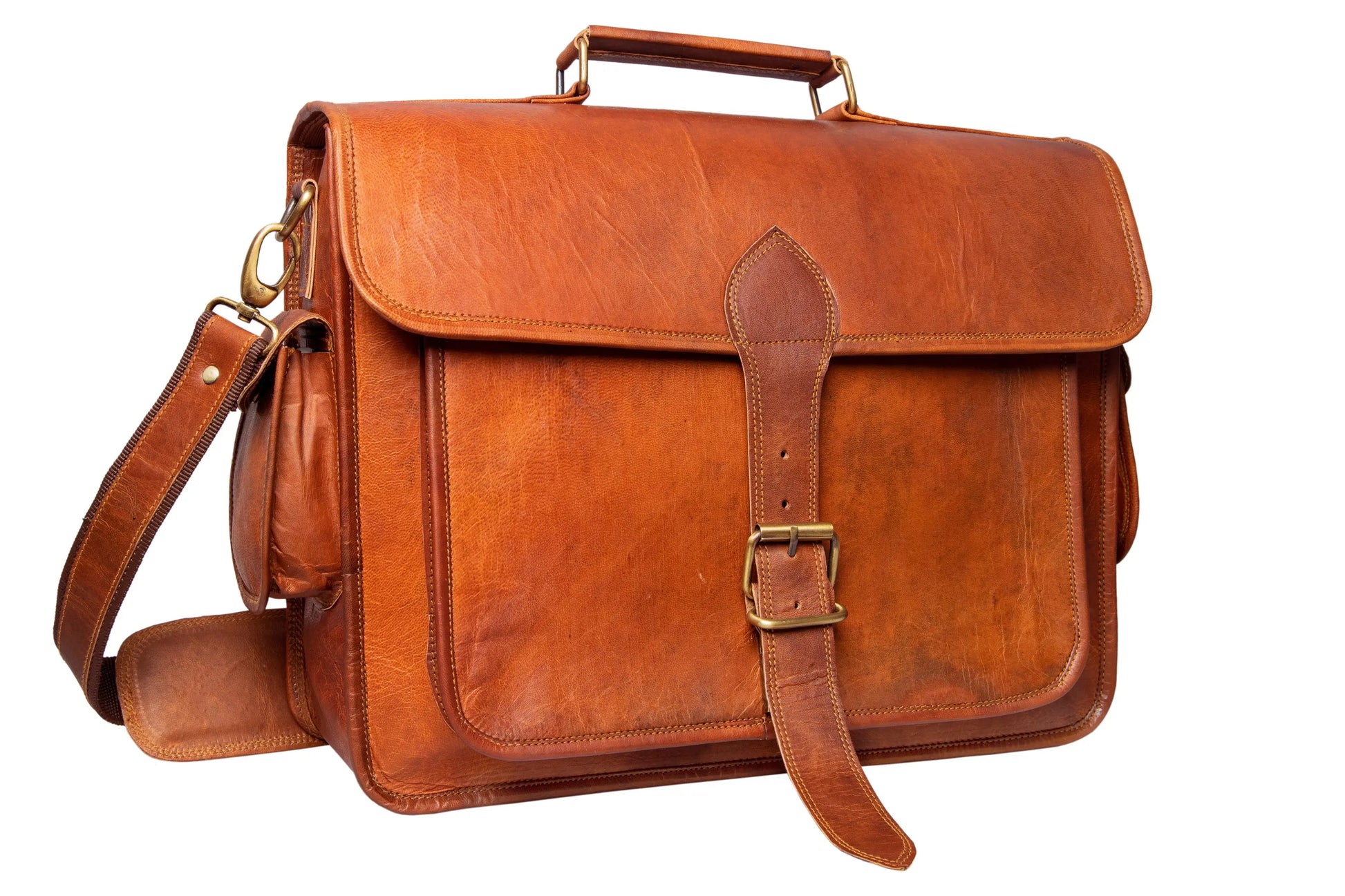 Handmade 16"-18" Brown Leather Crossbody Bag With Large Pocket. Salmon Alder