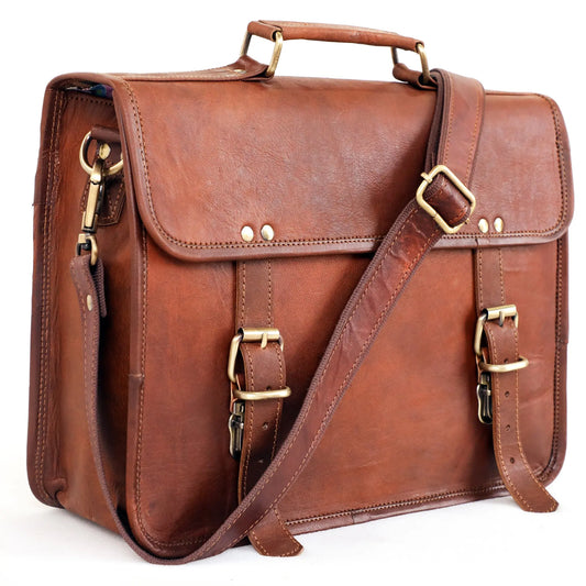 14 Inch Genuine Leather Messenger Bag Vintage Brown Small Briefcase Salmon Alder