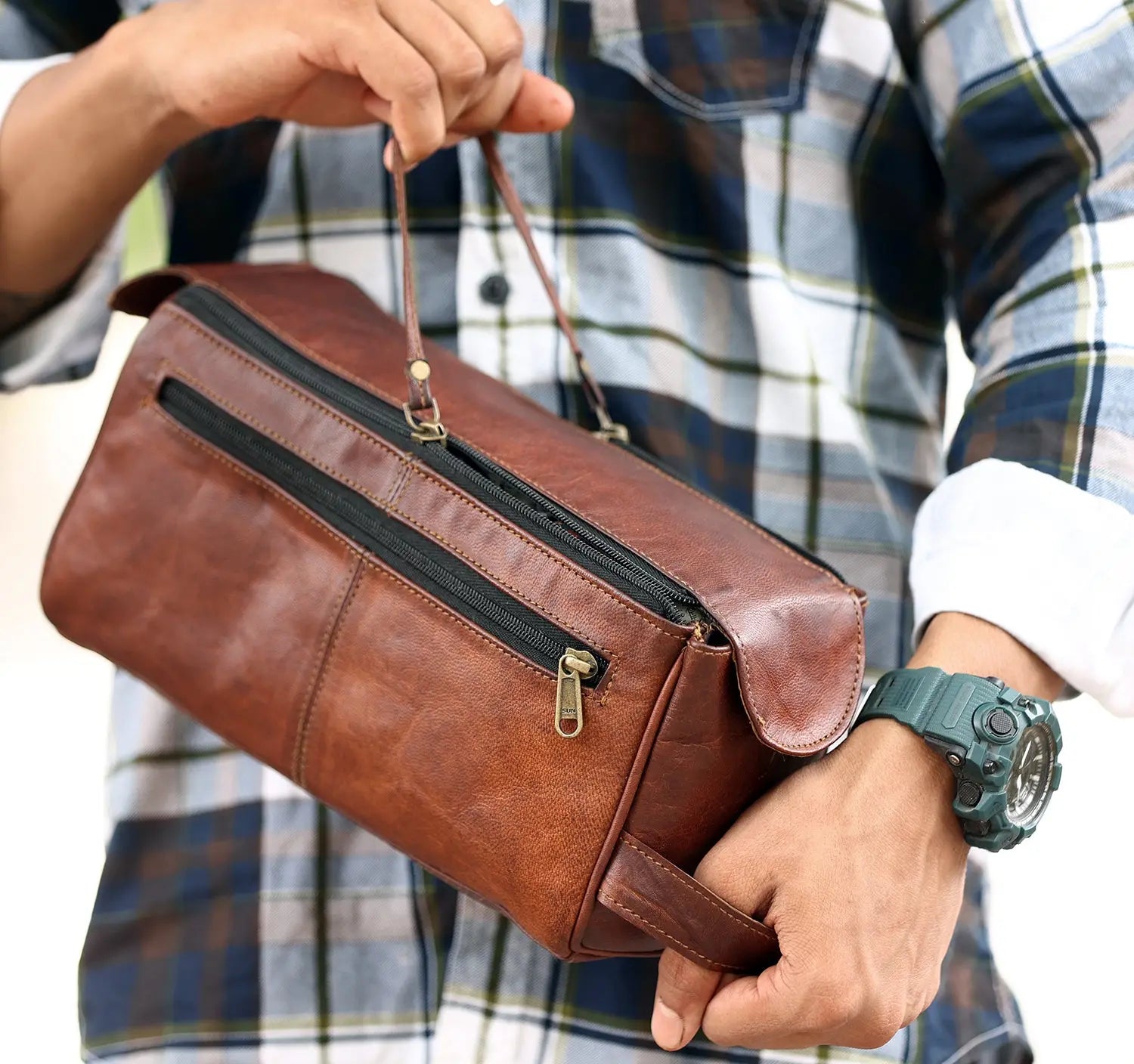 Leather Toiletry Bag Large Dopp Kit for Men & Women Travel Pouch Salmon Alder