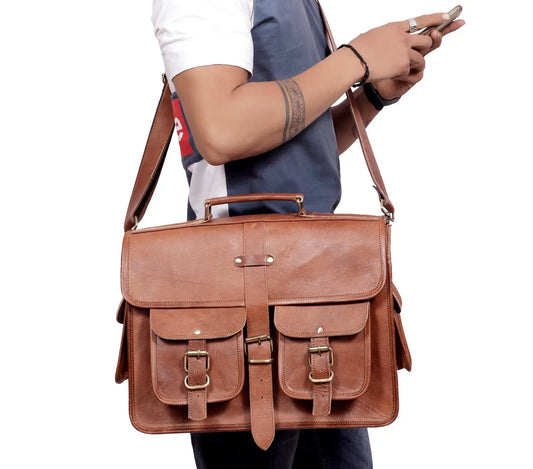 Real Leather Messenger Bag for Men and Women Vintage Laptop Briefcase Salmon Alder