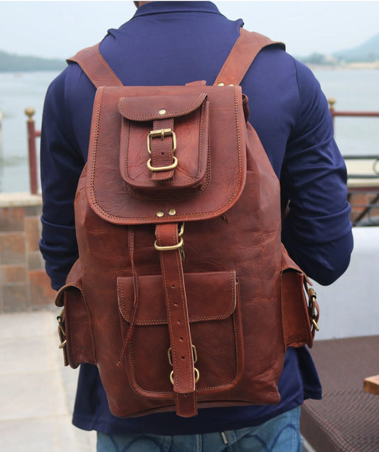 ANUENT Handmade Leather Travel Rucksack Backpack. Salmon Alder