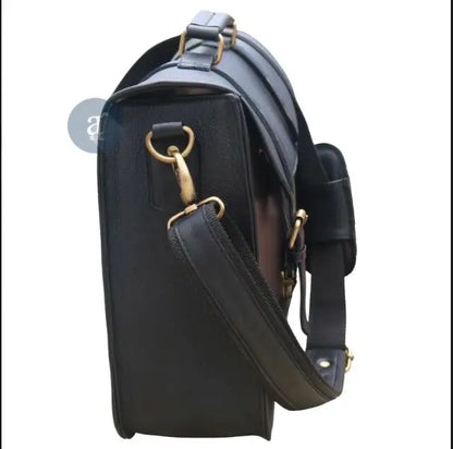 Mens Black Leather Messenger Bag for 15.6 Inch Laptop. Salmon Alder