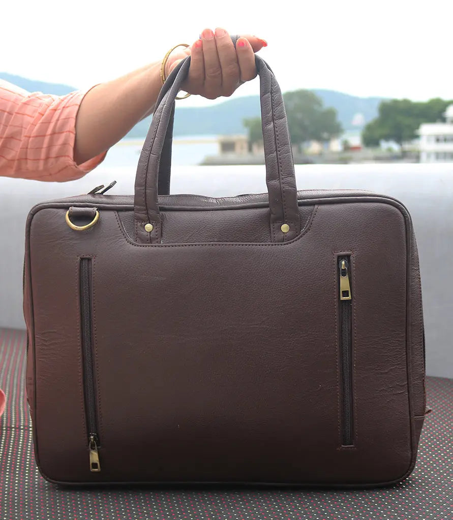 ANUENT 16 Inch Handmade Brown Leather Laptop Briefcase. Salmon Alder