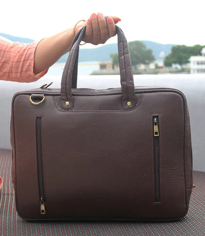 ANUENT 16 Inch Handmade Brown Leather Laptop Briefcase. Salmon Alder