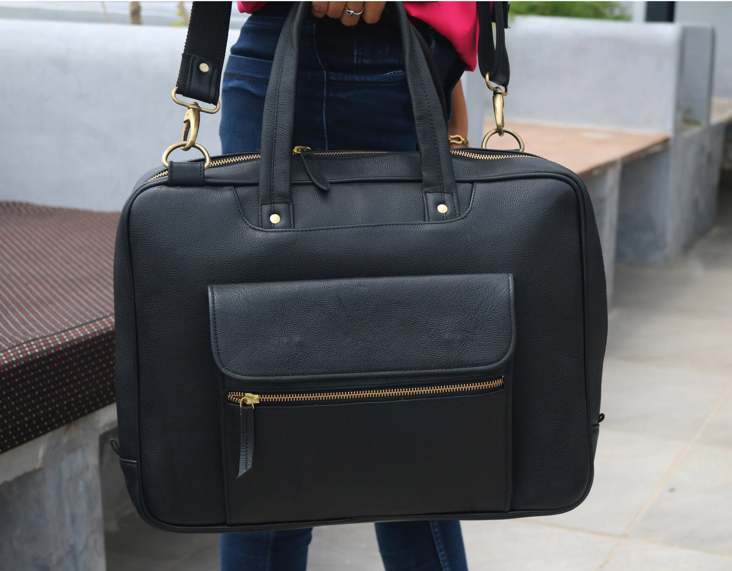 Black Leather Briefcase For 15 Inch Laptop. Salmon Alder