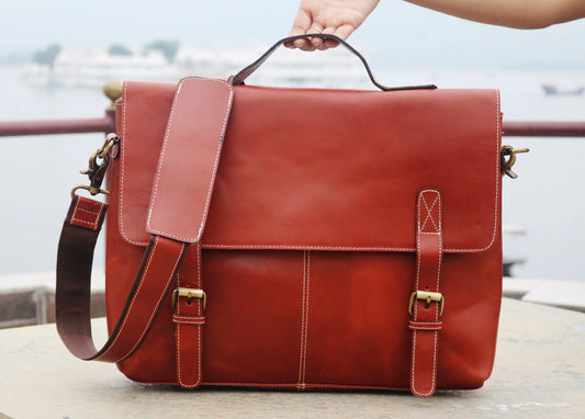 Handmade Orange Handle  Leather Laptop Bag. Salmon Alder