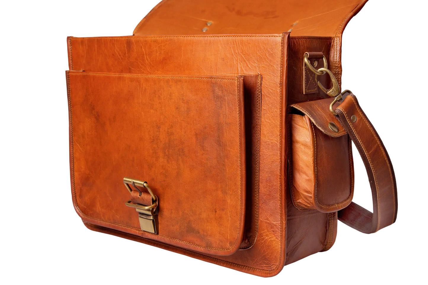 Handmade 16"-18" Brown Leather Crossbody Bag With Large Pocket. Salmon Alder