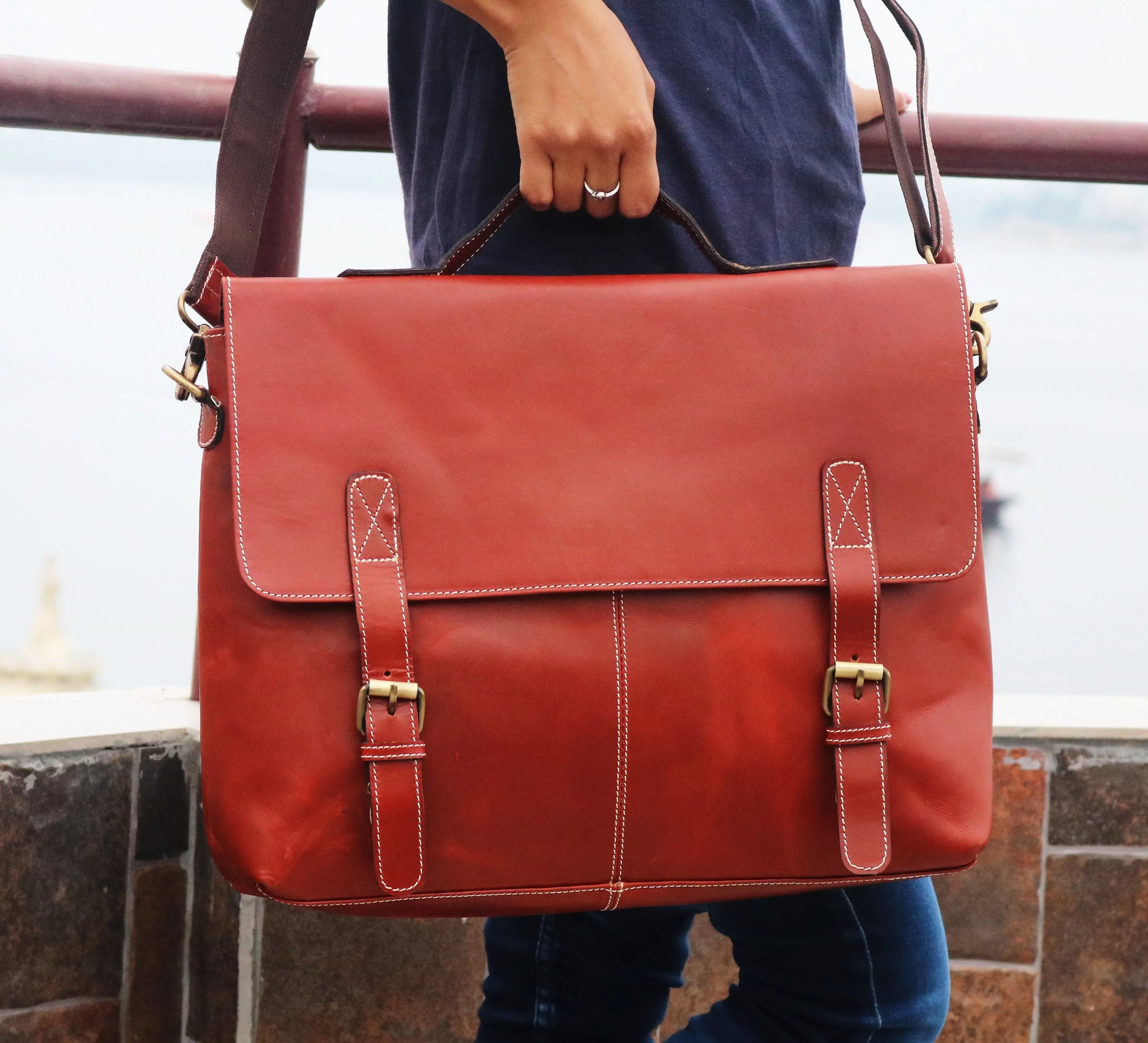 Handmade Orange Handle  Leather Laptop Bag. Salmon Alder