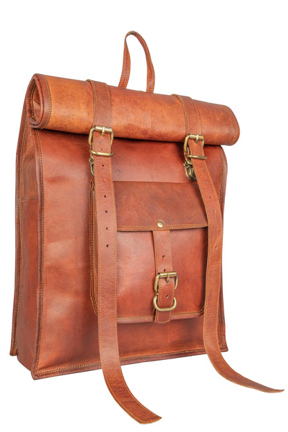 Genuine Leather Retro Rucksack Rolling Backpack Bag . Salmon Alder