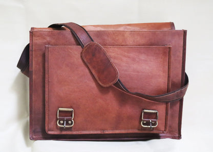 Handmade 18″ Brown Leather Cross body Bag With Big Pocket. Salmon Alder