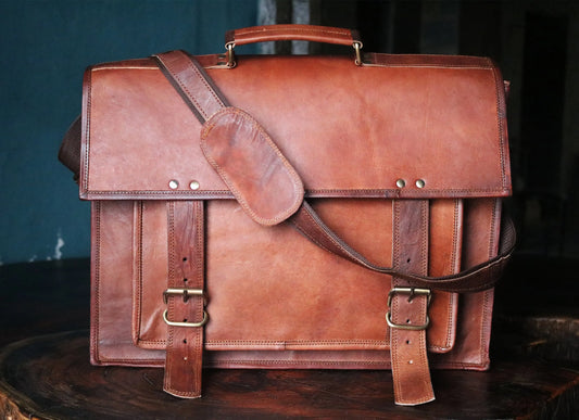 Handmade 18″ Brown Leather Cross body Bag With Big Pocket. Salmon Alder