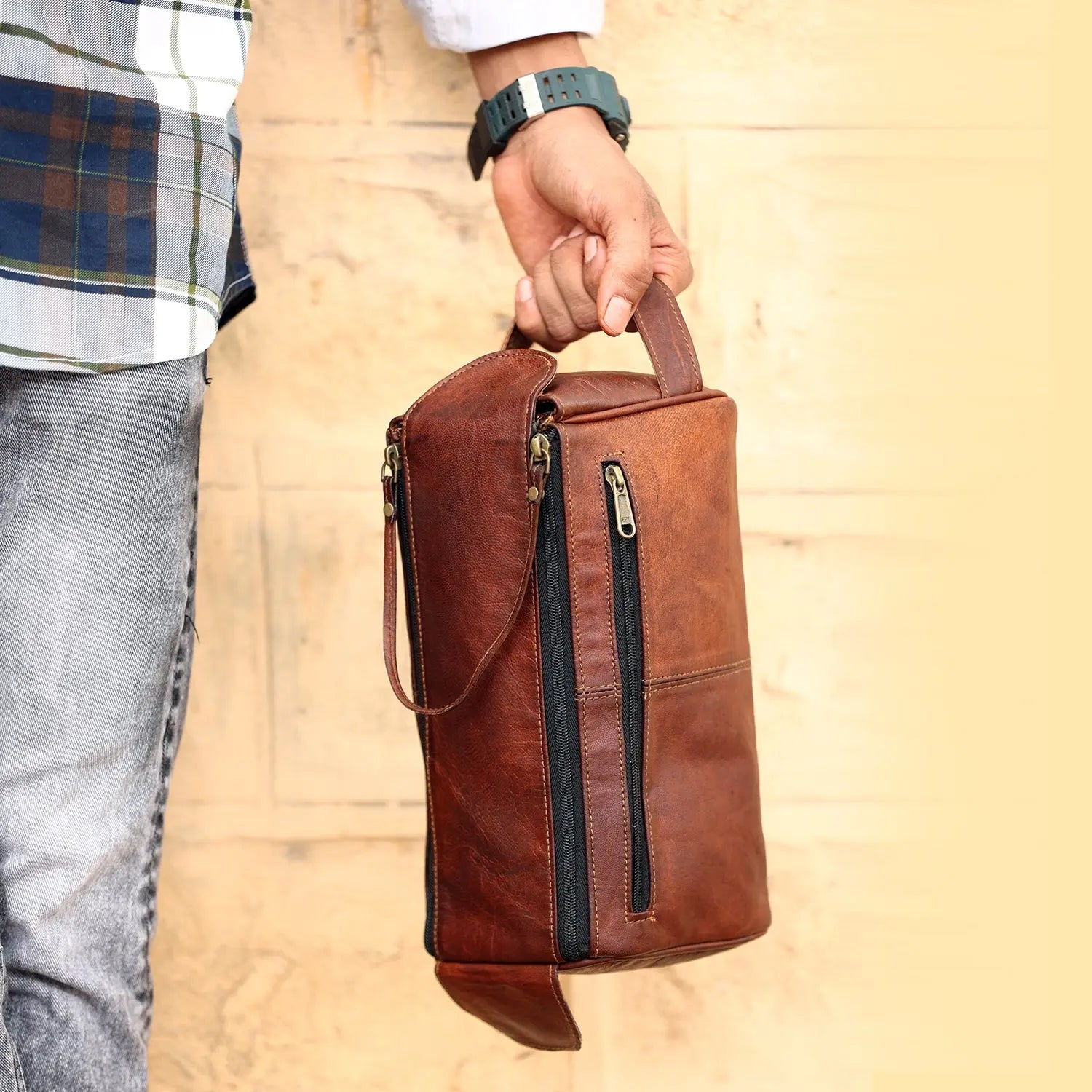 Leather Toiletry Bag Large Dopp Kit for Men & Women Travel Pouch Salmon Alder