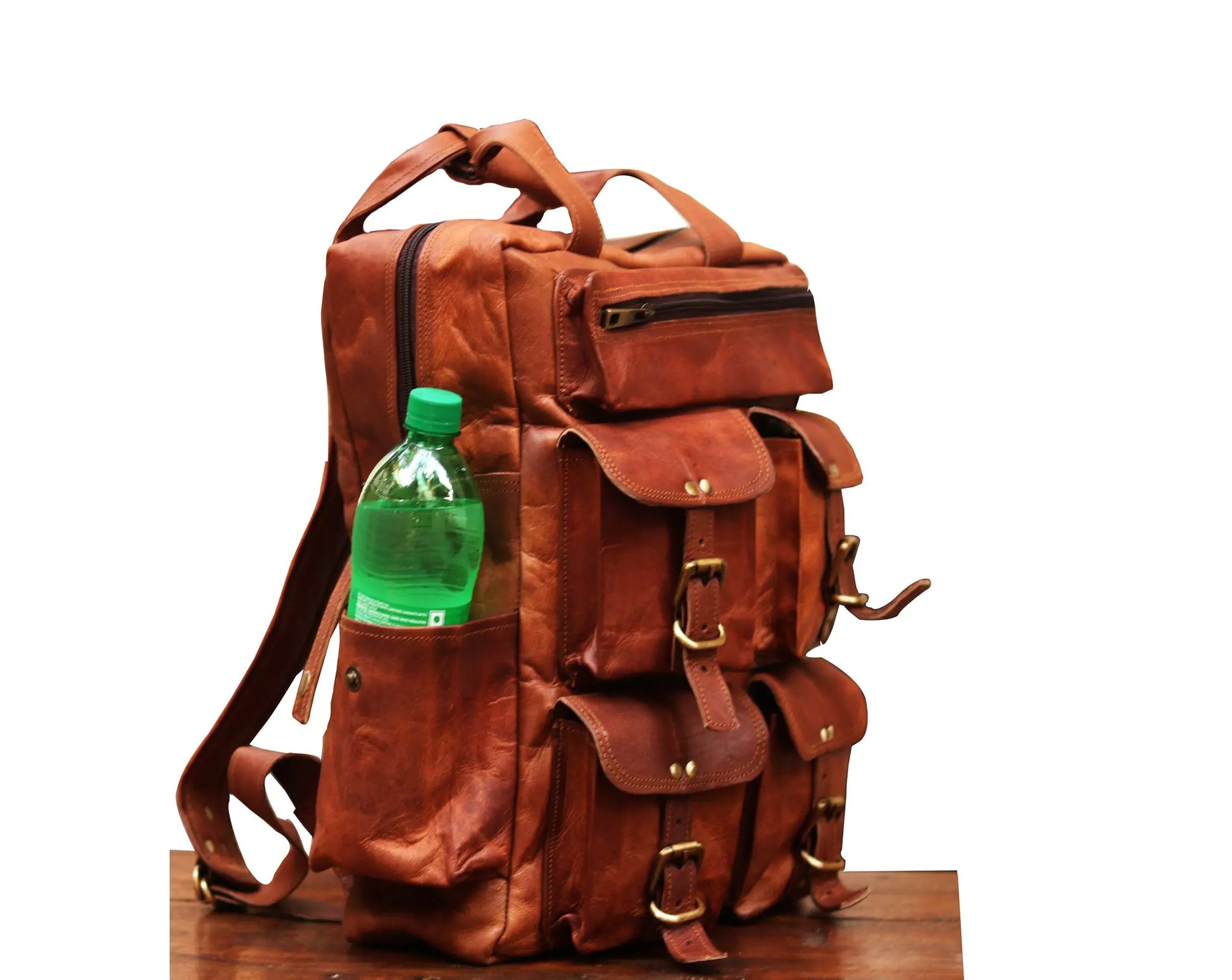 Leather Backpack for Men 15.6 Inch Laptop Bag Multi Pockets Rucksack Salmon Alder