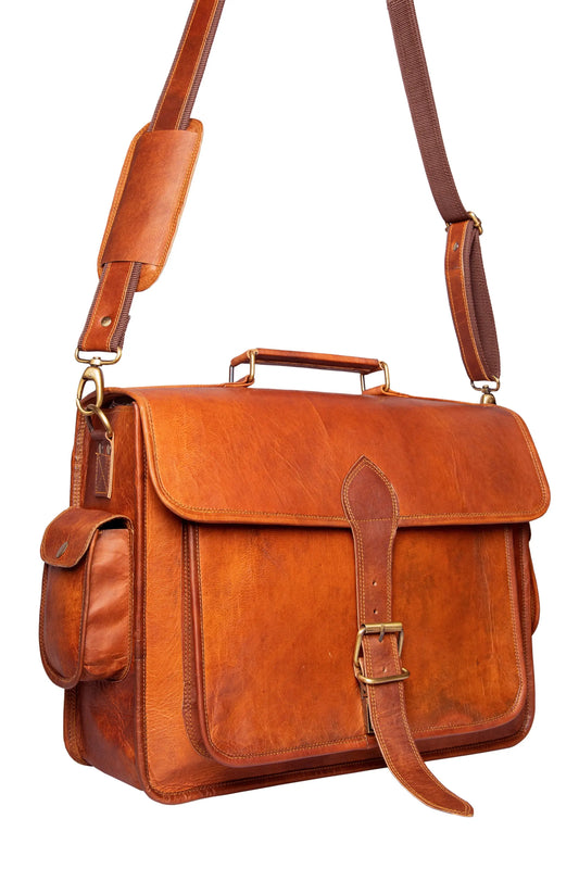 Handmade 16"-18" Brown Leather Crossbody Bag With Large Pocket. Salmon Alder