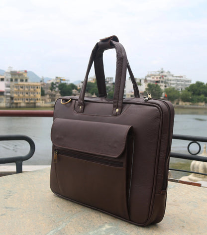 ANUENT 16 Inch Handmade Brown Leather Laptop Briefcase. Salmon Alder
