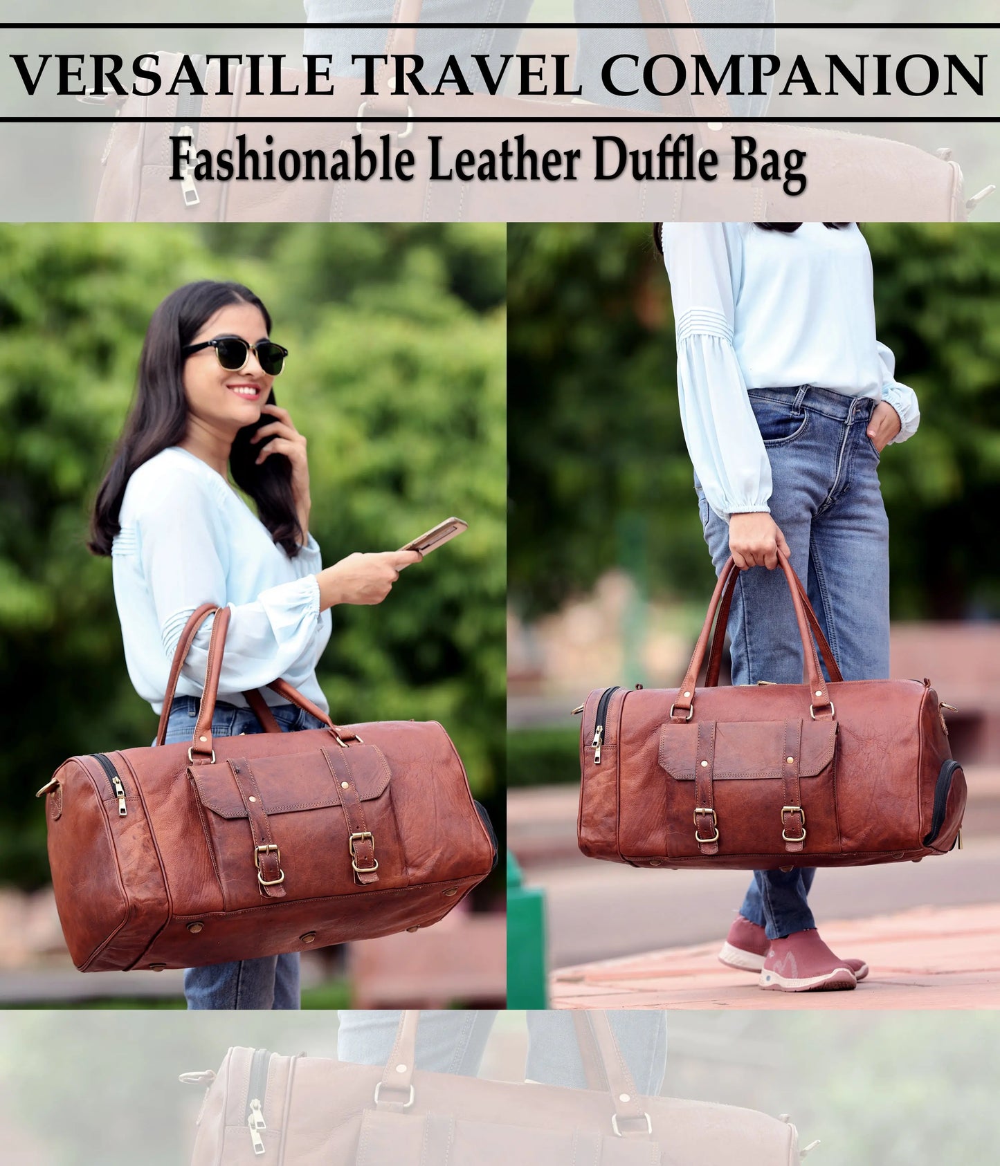 Handmade Genuine Leather Travel Duffel Bag with Shoe Compartment Salmon Alder