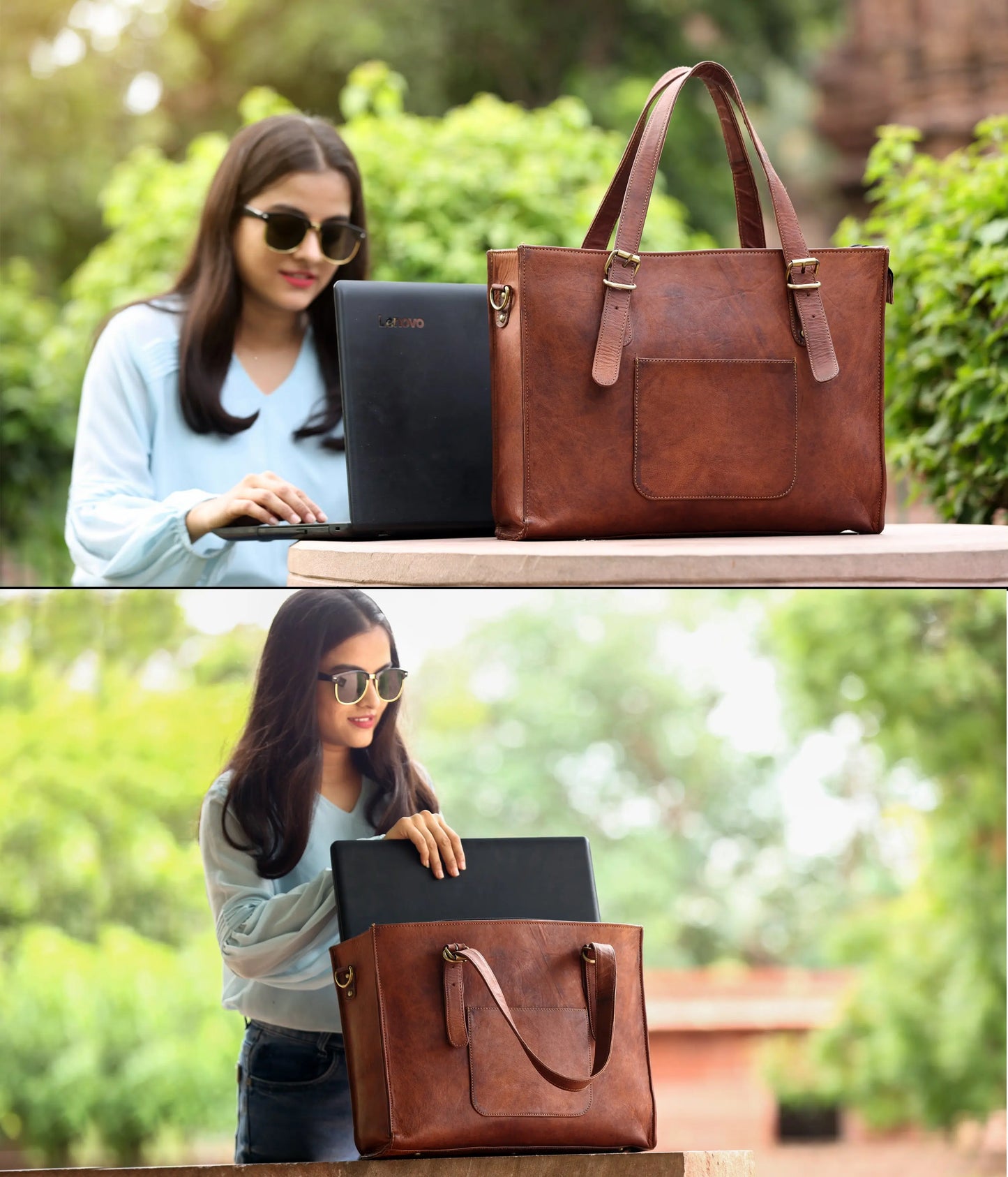 Leather Woman Laptop Handbag Large Tote Bag with Zipper Salmon Alder