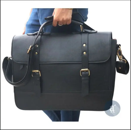 Mens Black Leather Messenger Bag for 15.6 Inch Laptop. Salmon Alder
