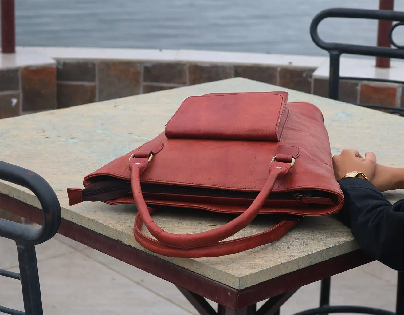 Combo Of 2 , Leather Laptop Briefcase And Leather Tote Bag . Salmon Alder