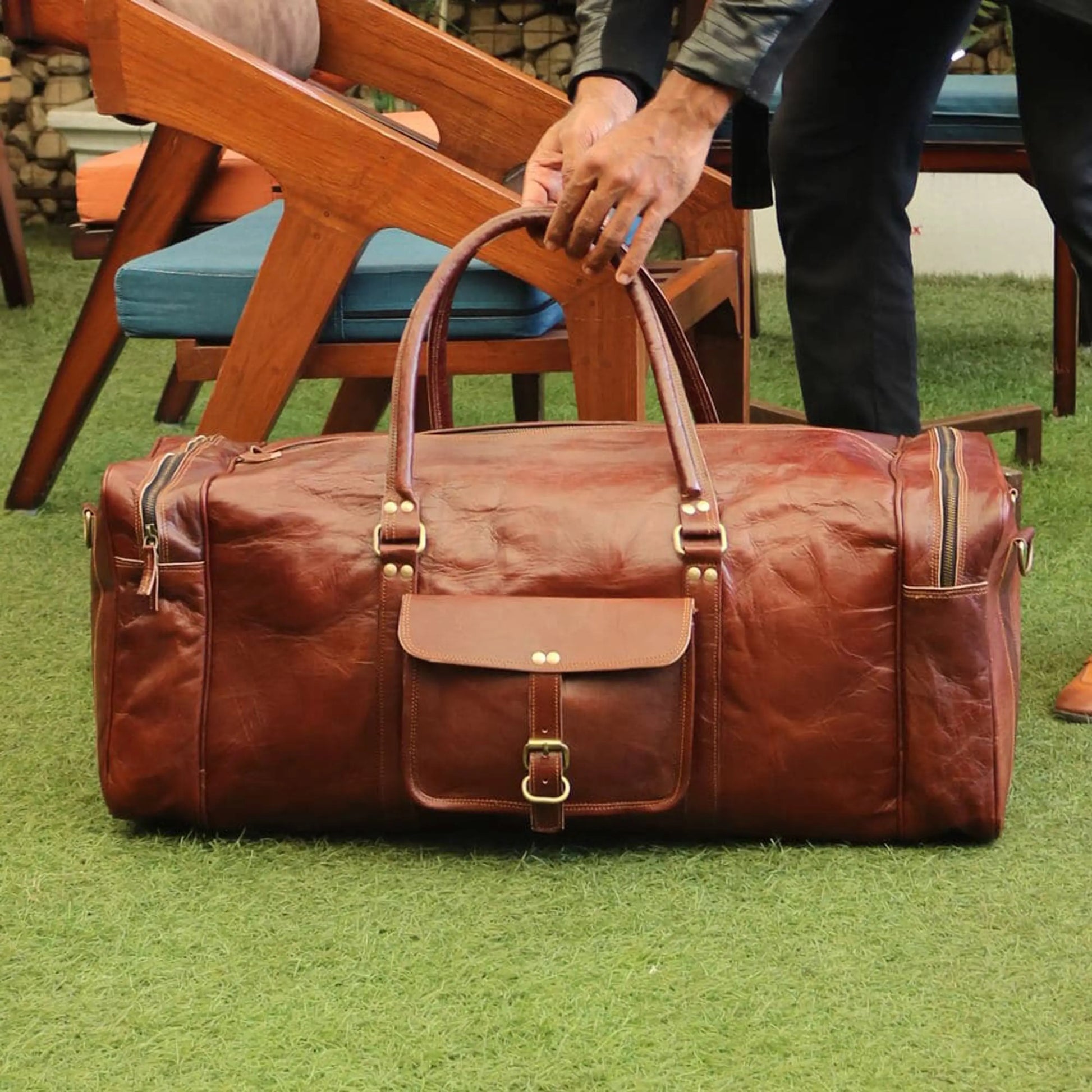 Handmade Square Leather Travel Duffle Bag. Salmon Alder