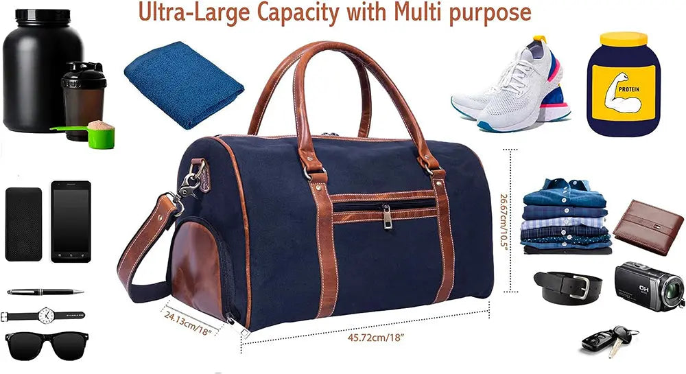 Canvas Genuine Leather Large Duffel Bag Overnight Weekender Bag Salmon Alder