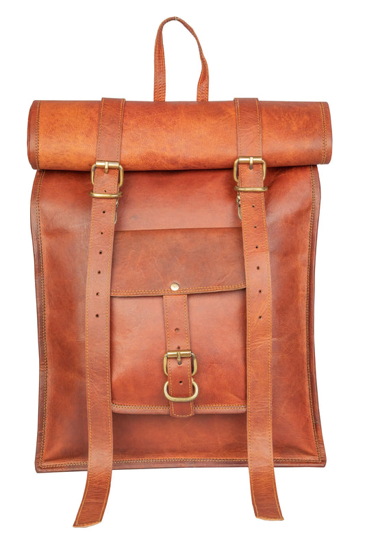 Genuine Leather Retro Rucksack Rolling Backpack Bag . Salmon Alder